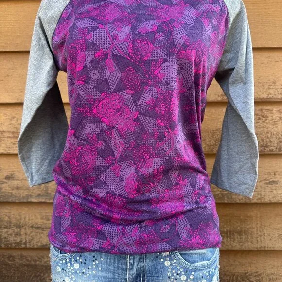 LuLaRoe Womens Raglan Sleeve Top S Purple & Gray Floral Print Stretchy Blend - Picture 6 of 9